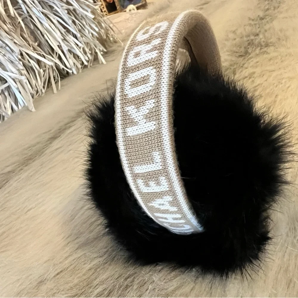 MICHAEL KORS (not outlet!) Black Fur Earmuffs Logo Tan Lettering on Headband